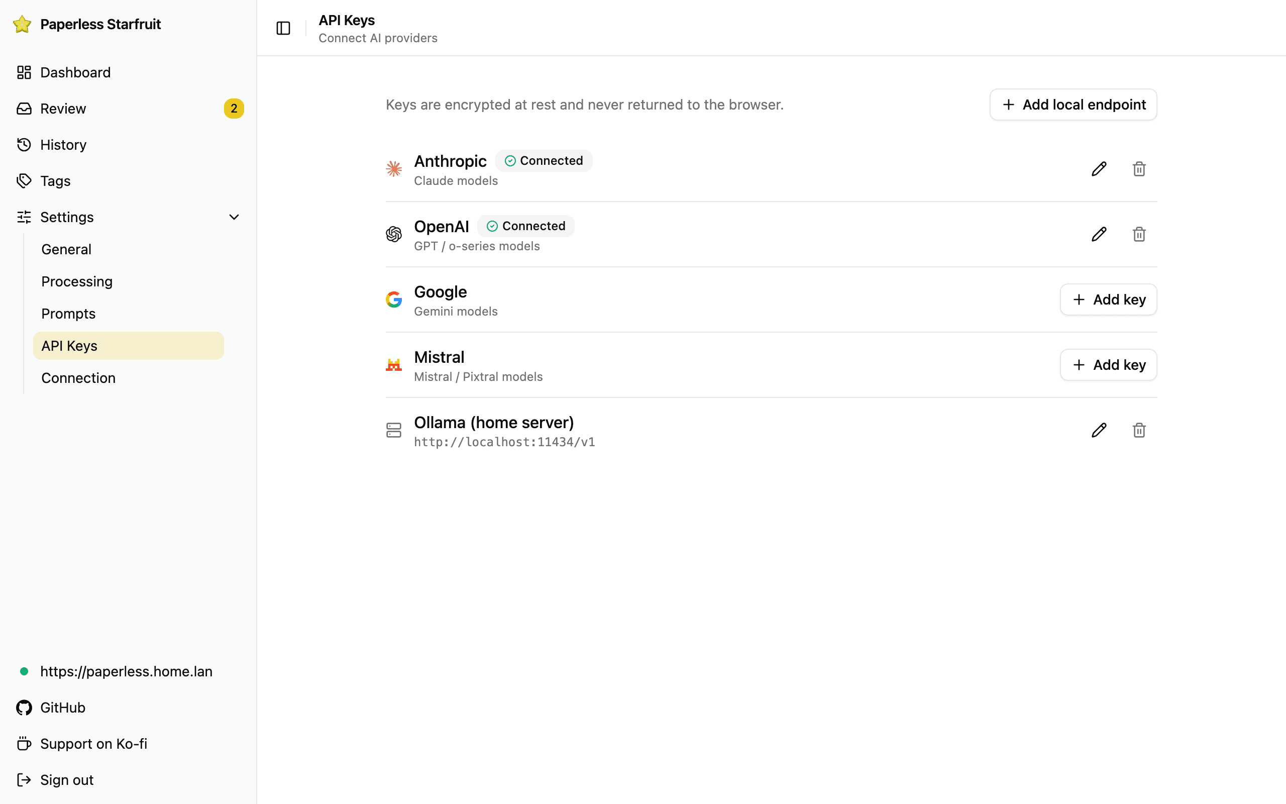 Paperless Starfruit: AI provider management