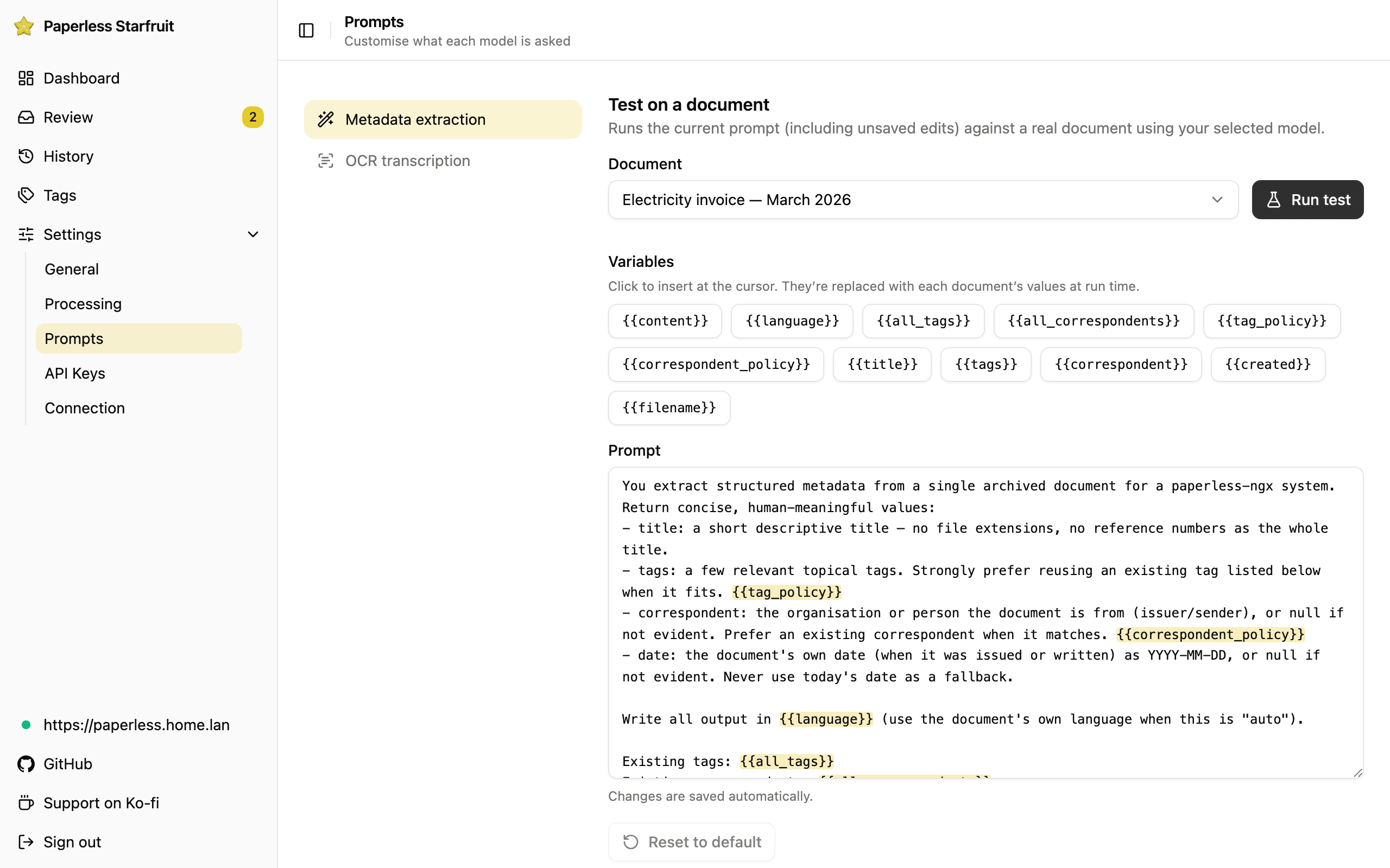 Paperless Starfruit: Prompt configuration